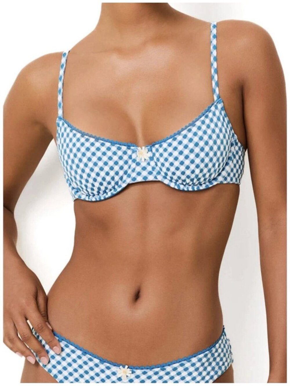 Solid & Striped The Daphne Bikini Top XS Cosmic Blue Gingham Daisy Underwire NEW